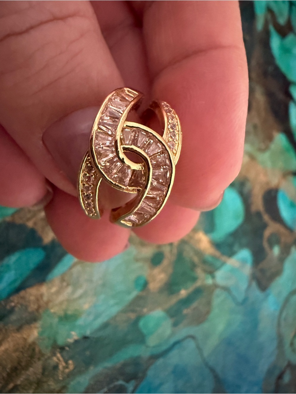 Gold Interlocking CC Crystal Statement Ring - Open Adjustable Women Jewelry